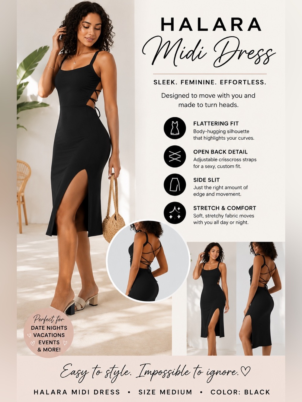 HALARA Black Midi Dress with Side Slit and Crisscross Back - Picture 1 of 1